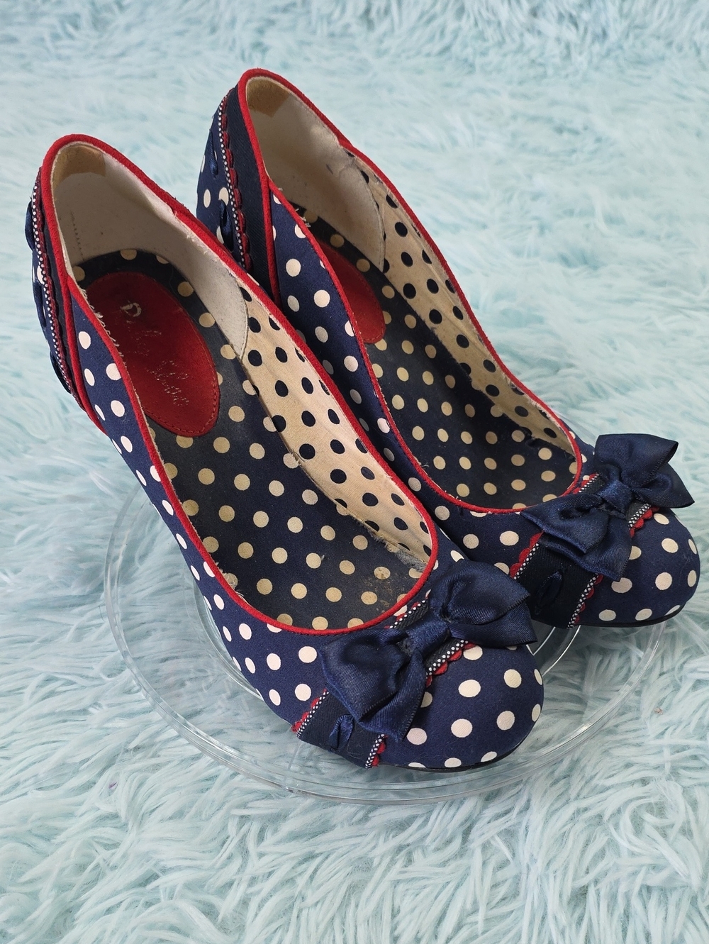 Ruby Shoo Amy Navy Polka Dot Bow Court Pump Heels Retro PinUp US 8/UK 6/EU 39